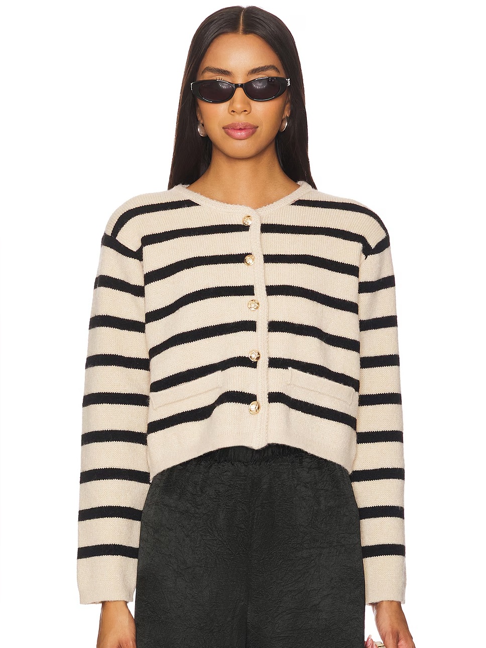 Nwt Line & Dot Benni Stripe Cardigan Beige And Black Gold Button Cropped